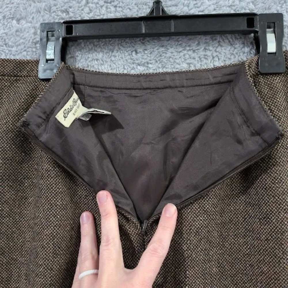 Eddie Bauer Skirt Women 14 Brown Wool Silk Blend Herringbone Knee Length Vintage